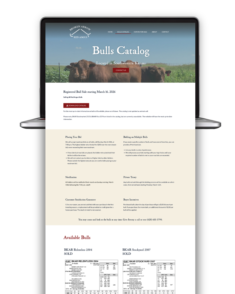 Bulls Catalog for Broken Arrow Red Angus Ranch in Southwestern Kansas